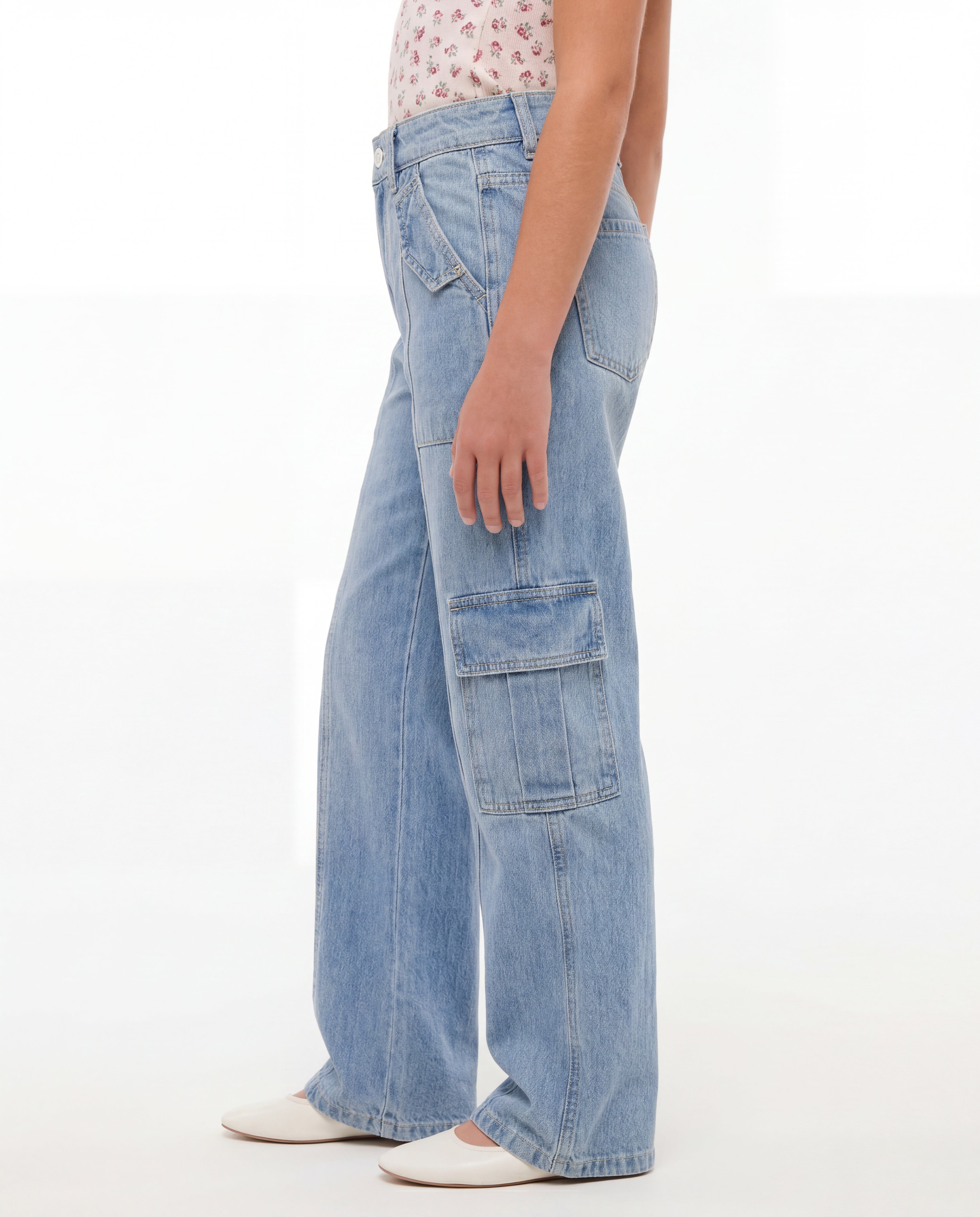 Wide Leg Light Blue Cargo Denim Jeans