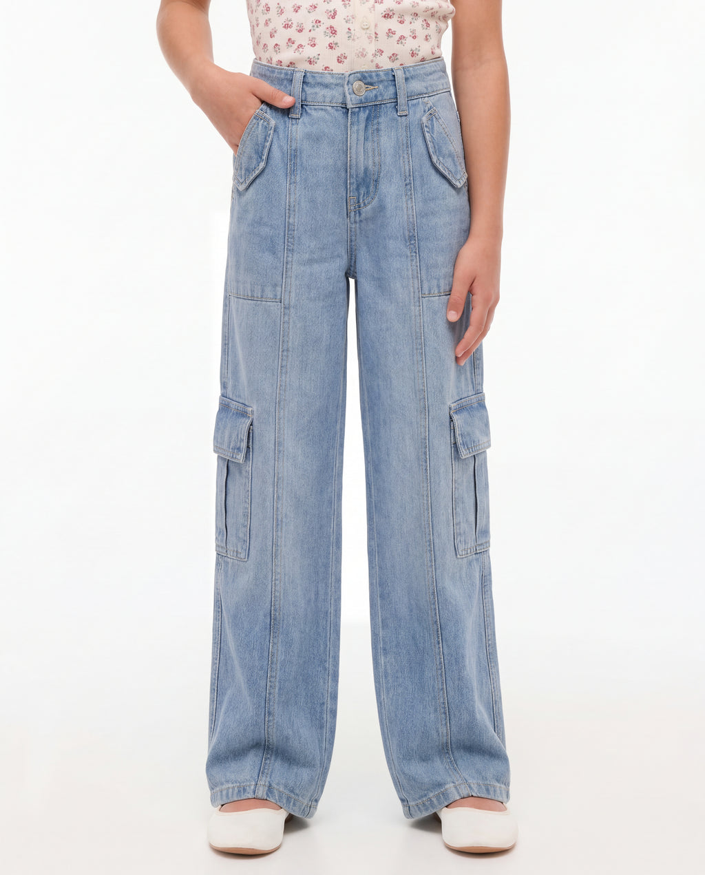 Wide Leg Light Blue Cargo Denim Jeans