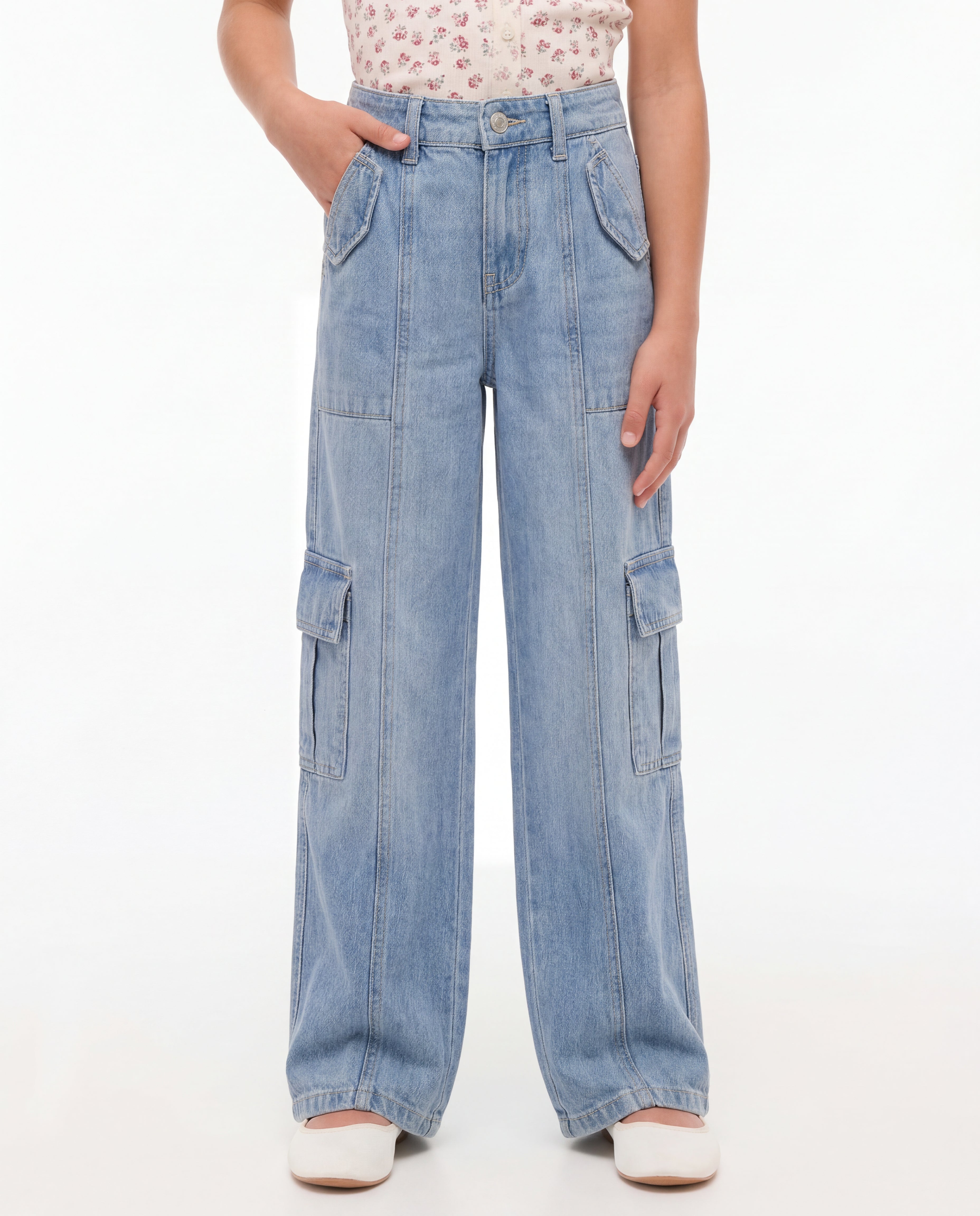Wide Leg Light Blue Cargo Denim Jeans