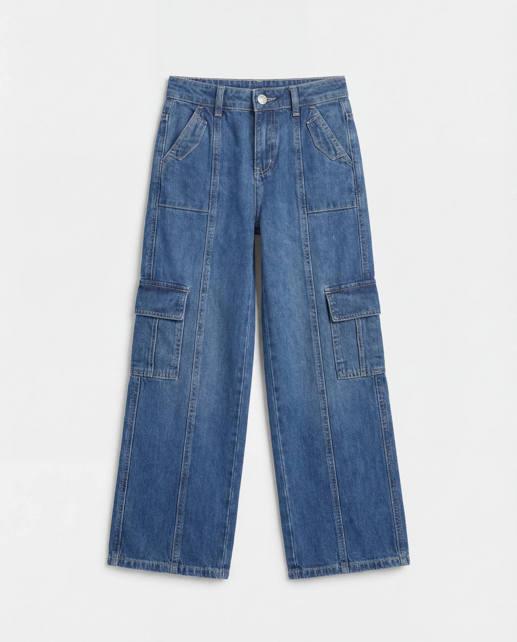 Wide Leg Medium Blue Cargo Denim Jeans