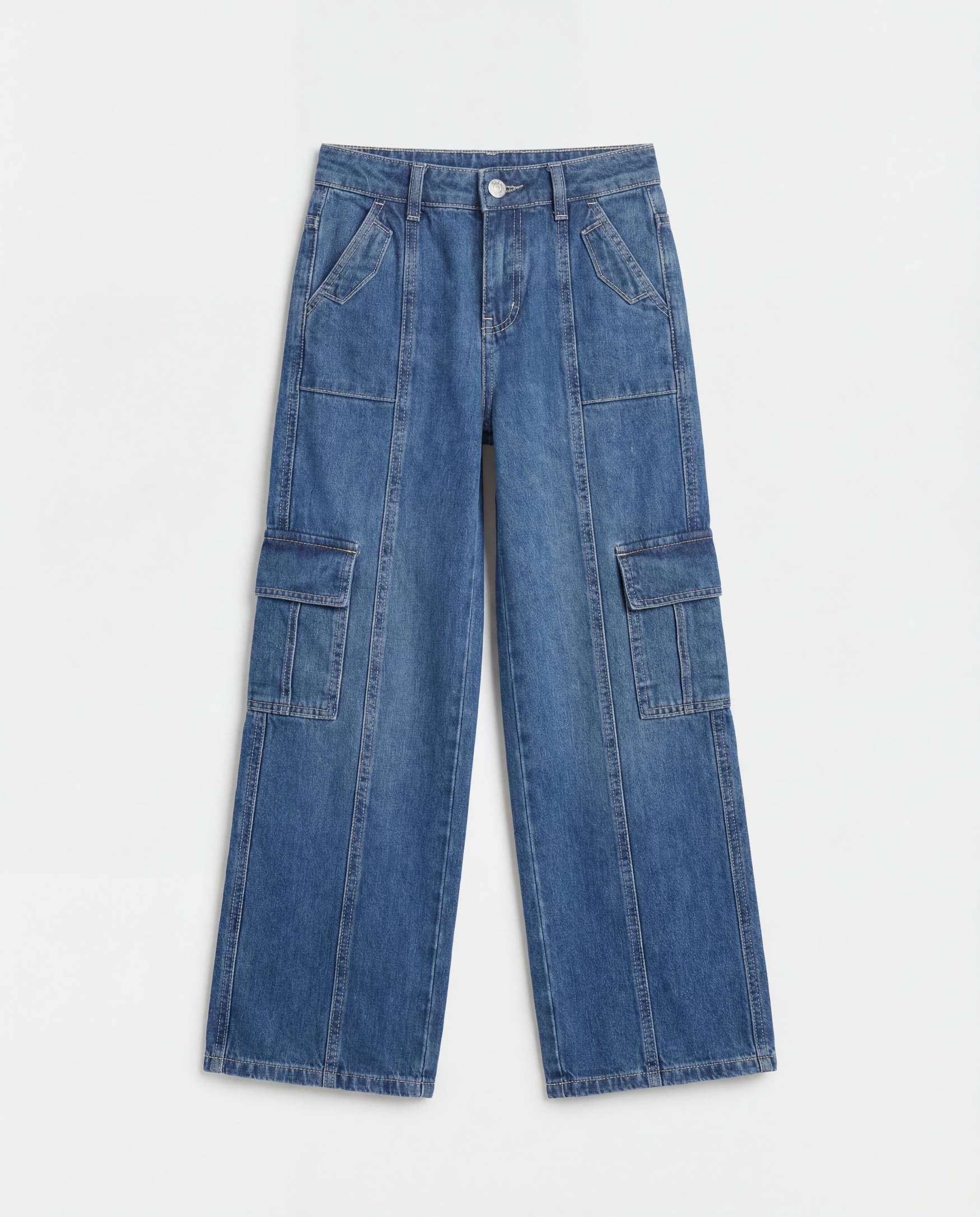 Wide Leg Medium Blue Cargo Denim Jeans