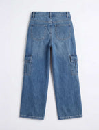 Wide Leg Medium Blue Cargo Denim Jeans