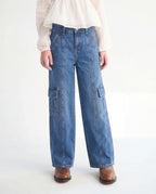 Wide Leg Medium Blue Cargo Denim Jeans