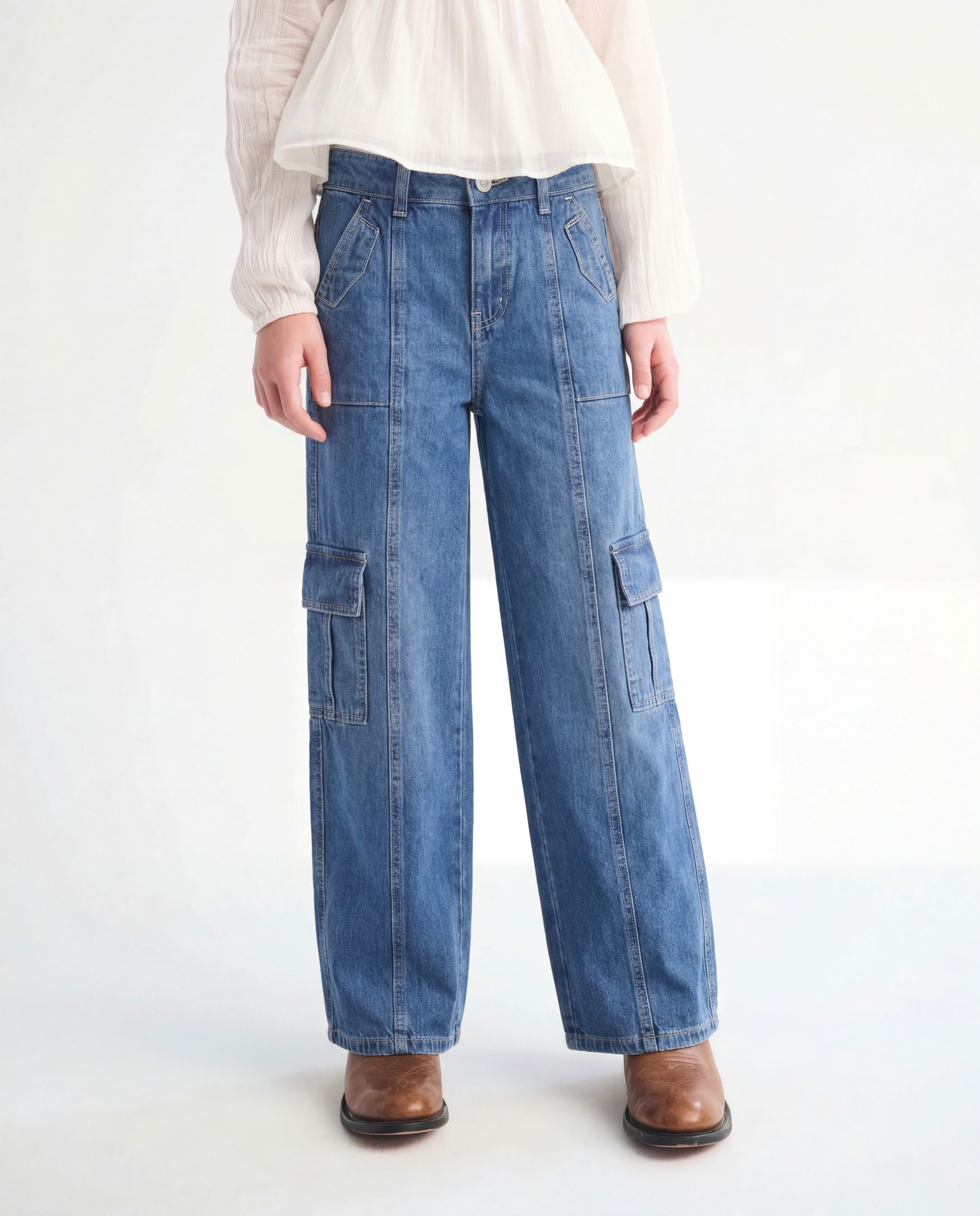 Wide Leg Medium Blue Cargo Denim Jeans