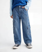 Baggy Medium Blue 7-Pocket Cargo Denim Jeans