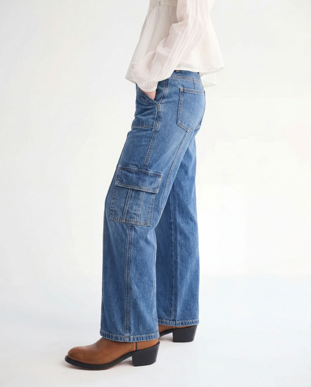 Wide Leg Medium Blue Cargo Denim Jeans
