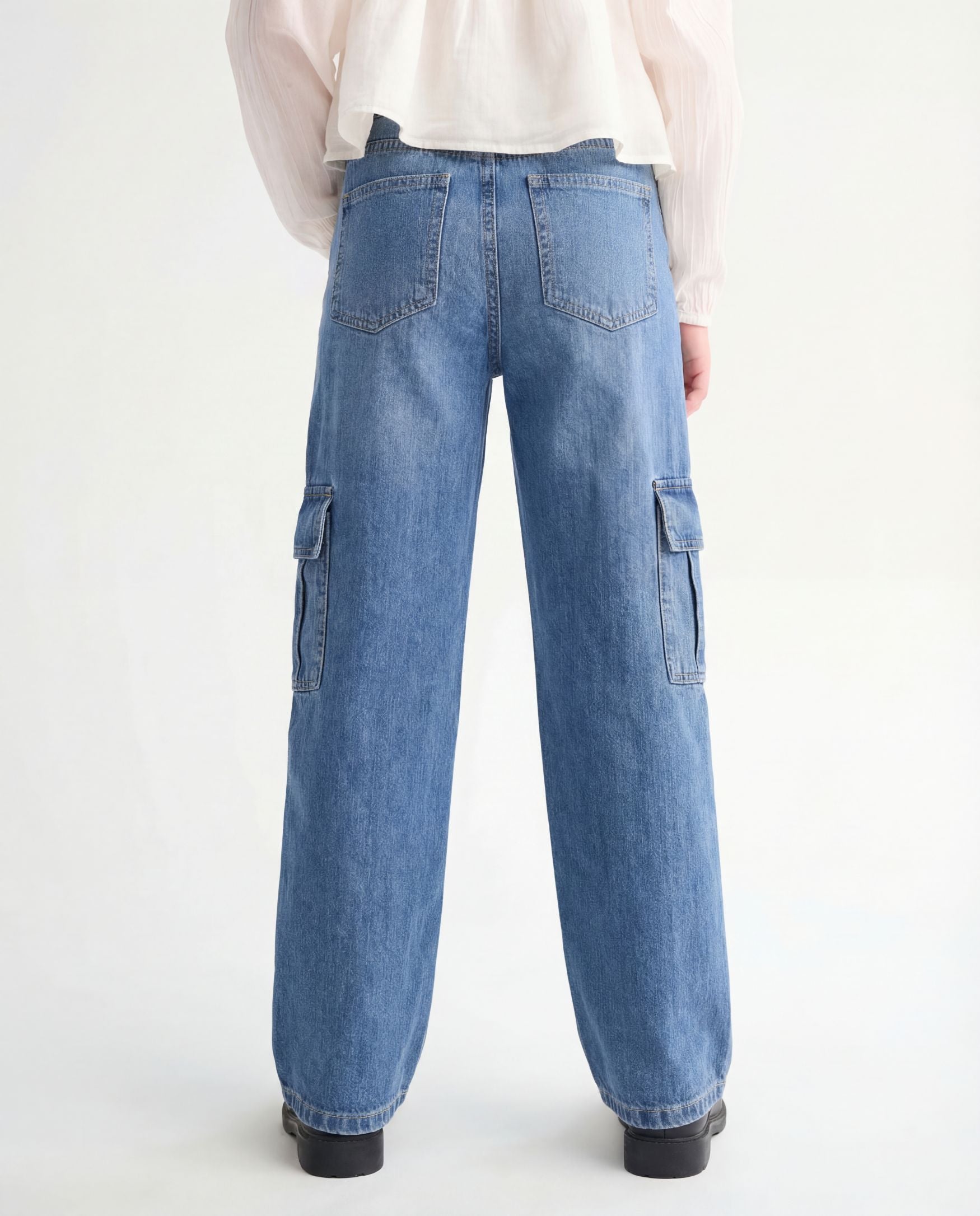 Wide Leg Medium Blue Cargo Denim Jeans