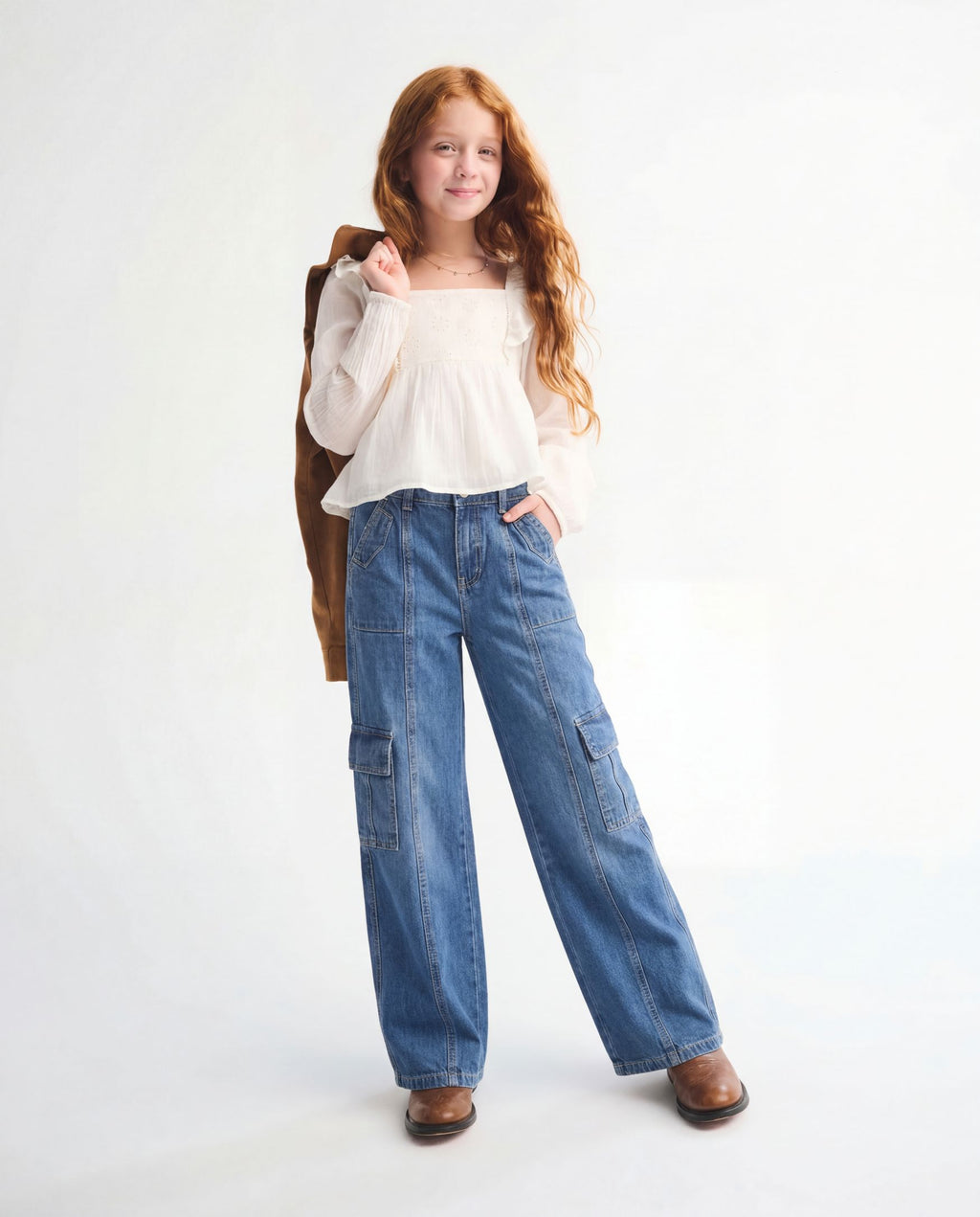Wide Leg Medium Blue Cargo Denim Jeans